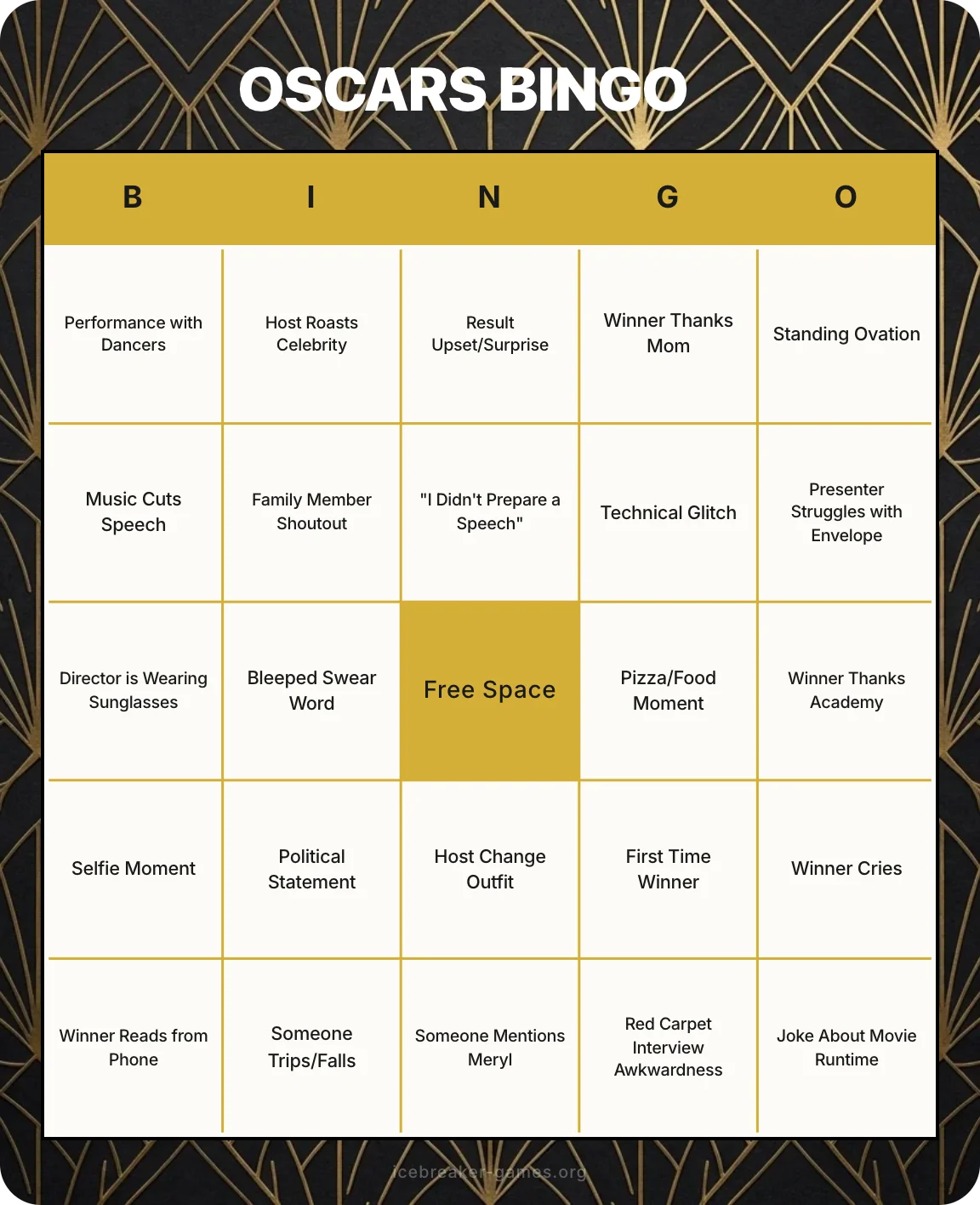 Oscars Bingo Cards