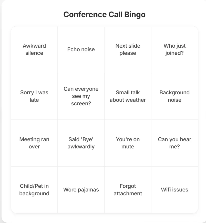 Conference Call Bingo - Printable Bingo Card Template