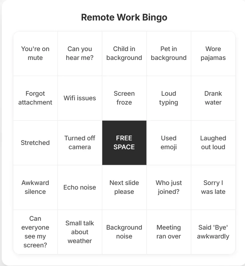Remote Work Bingo - Printable Bingo Card Template